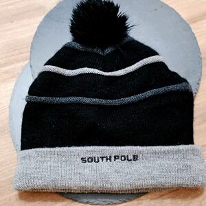 Southpole‎ Authentic Collection Beanie Black Grey Striped Pom Pom Knit Hat Y2K